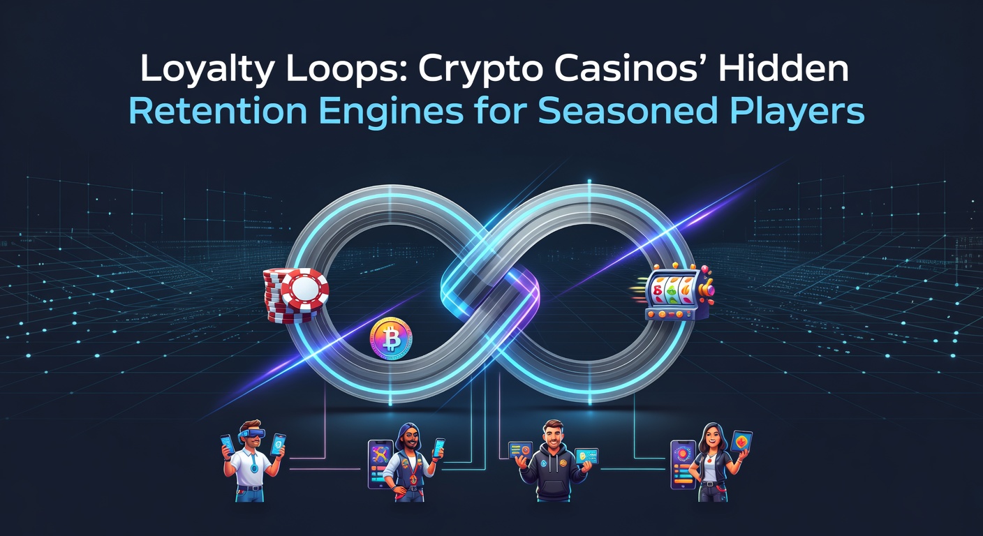 Grafik zeigt ein sich drehendes Loyalty-Rad mit Krypto-Symbolen und steigenden VIP-Stufen in einem Crypto-Casino