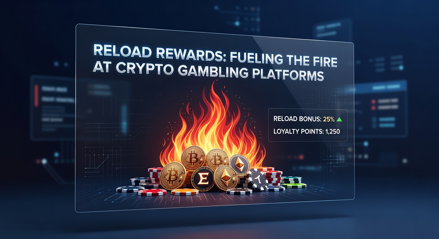Dynamische Grafik, die Reload-Boni in Crypto-Casinos darstellt, mit Kryptowährungen und wachsenden Balkendiagrammen
