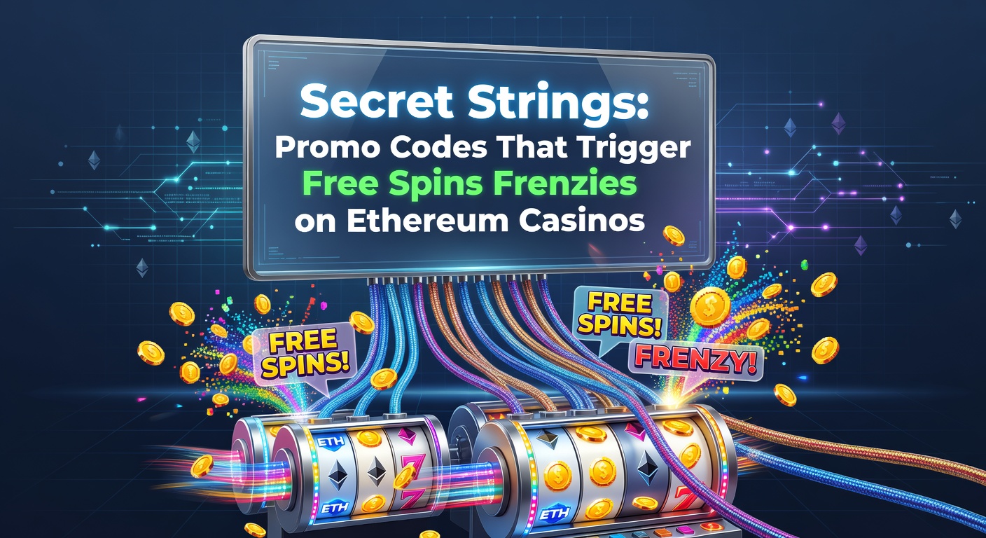Ethereum-Casino-Schnittstelle mit leuchtenden Promo-Code-Eingabefeldern und drehenden Free-Spins-Rädern