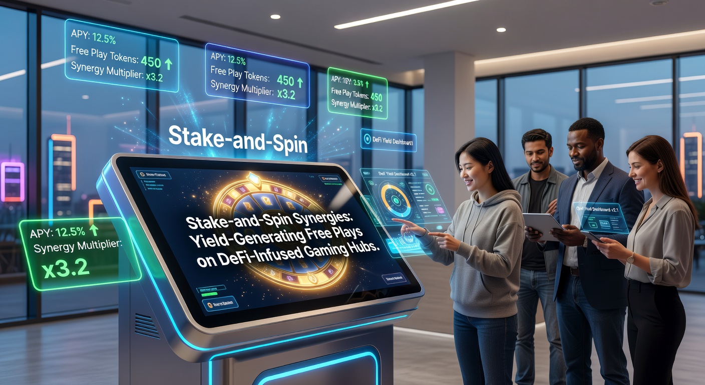 Grafik einer DeFi-Plattform mit integrierten Gaming-Elementen und Staking-Mechanismen, die Yield und Free Spins verbinden