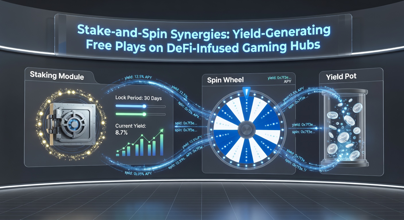 Detaillierte Darstellung eines Stake-and-Spin-Interfaces mit Yield-Charts, Free-Spin-Walzen und DeFi-Dashboards
