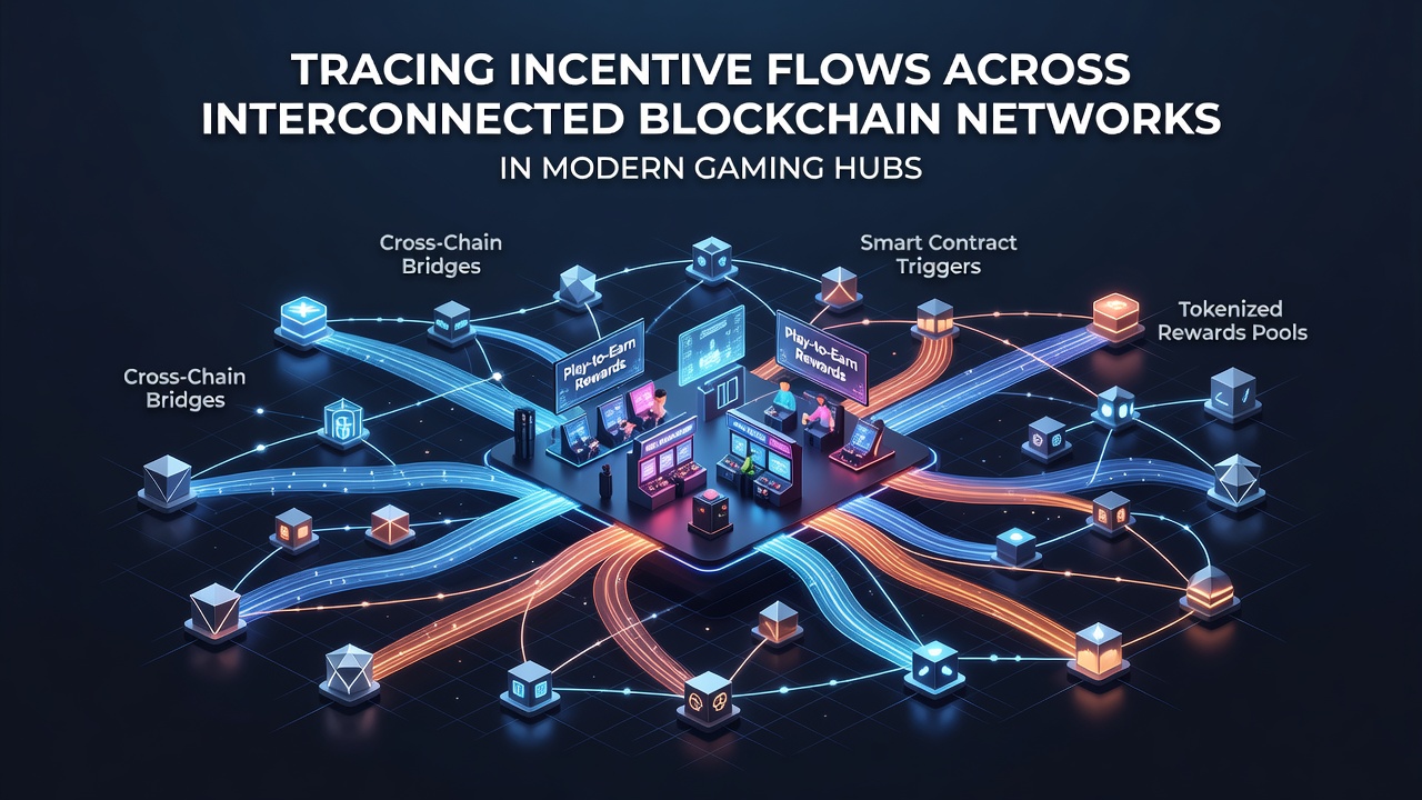 Darstellung vernetzter Blockchain-Netzwerke mit Anreizflüssen in Gaming-Hubs